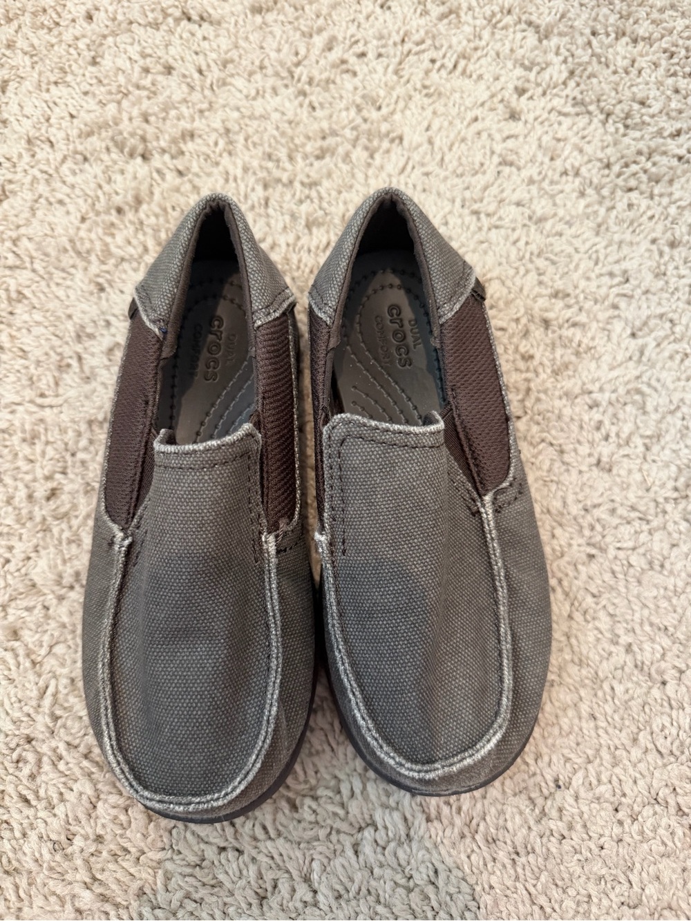 Crocs Kids C12 Brown Gray Canvas Slip On Loafers NEW